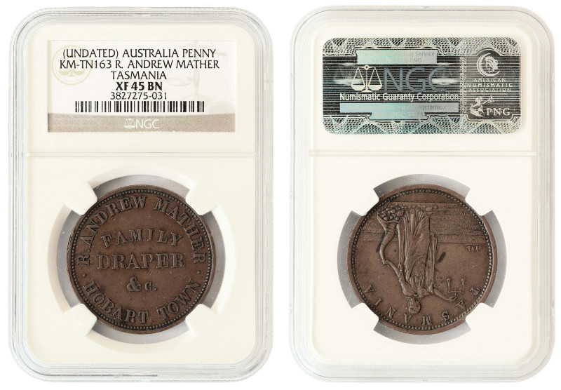 Australia, Tasmania island, 1 penny token (1863). NGC XF45

KM-Tn163. Issued f...