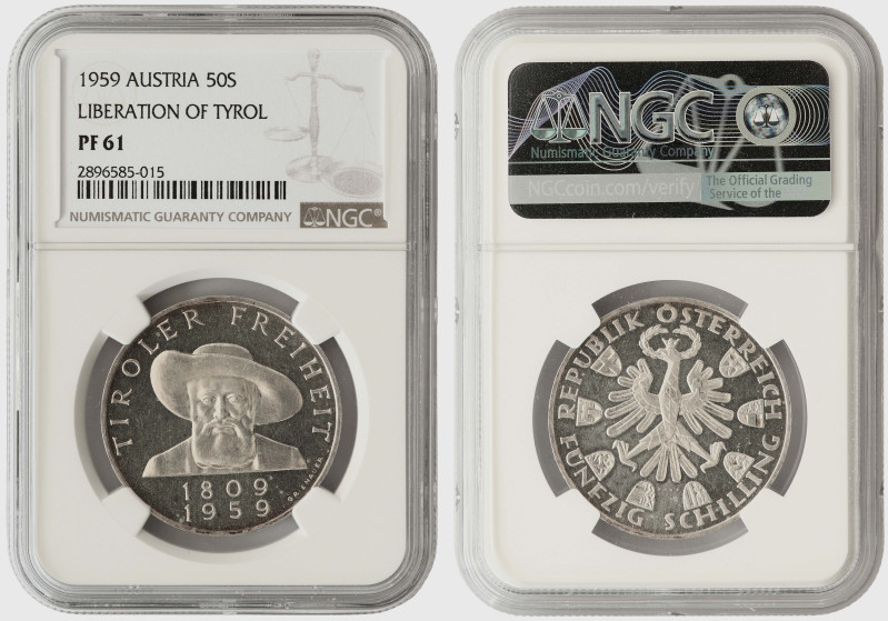 Austria, silver 50 schilling 1959. Tirol. Proof, NGC PF61. Rare

KM-2888. Rare...