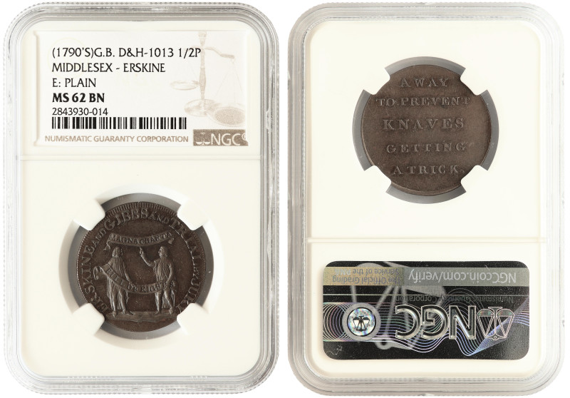 Great Britain, Middlesex, town of Erskine, 1/2 penny token, NGC MS62

KM-. D&H...