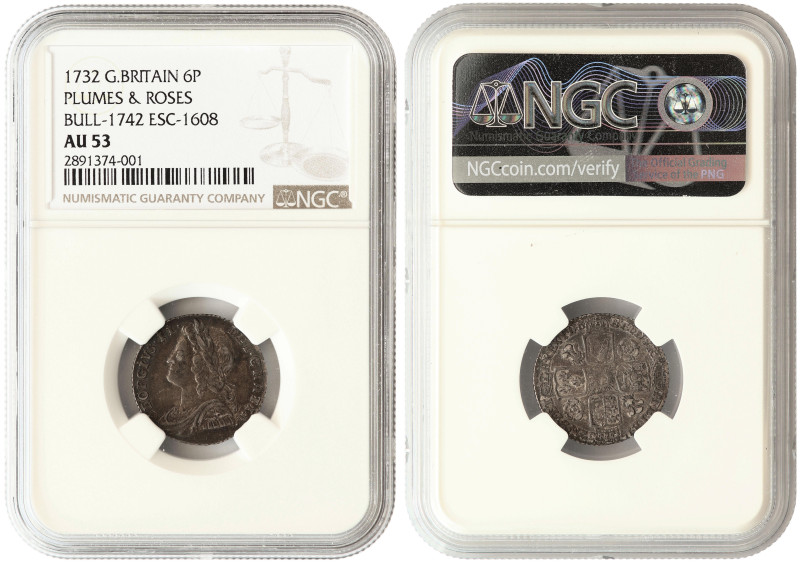 Great Britain, George II, silver sixpence 1732 plumes & roses, NGC AU53

KM-56...