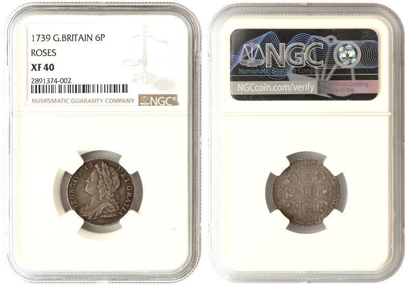 Great Britain, George II, silver sixpence 1739 roses, NGC XF40

KM-564.4. S-37...