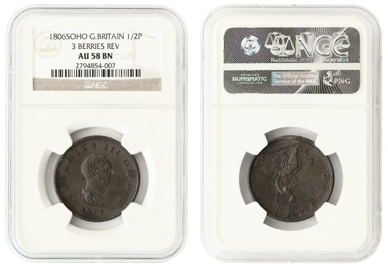 Great Britain, George III, copper halfpenny 1806, NGC AU58

KM-662. Nice nearl...