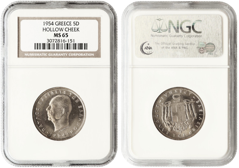 Greece 5 drachm 1954 NGC MS65, old slab

KM-83. Gem BU, two-year type.