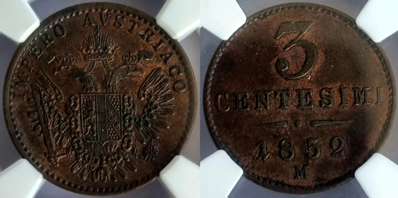 Austrian Italy – Lombardy, Milan 3 centesimi 1852-M NGC MS63 Red-Brown

C#30.1...
