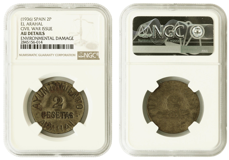 Spain, Civil War, Arahal. 2 pesetas 1936 NGC AU details

KM-3. Scarce Civil Wa...