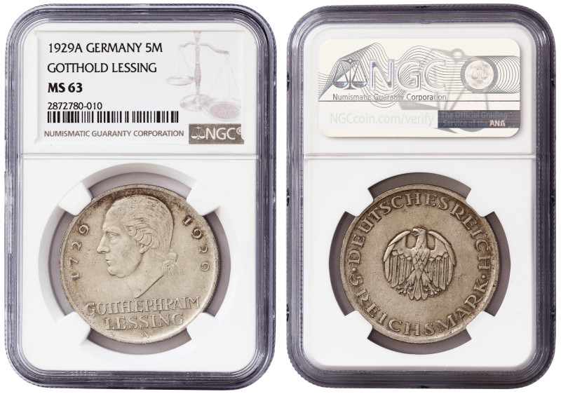 Germany, Weimar Republic, silver 5 Mark 1929-A, Lessing, NGC MS63

KM-61, Silv...