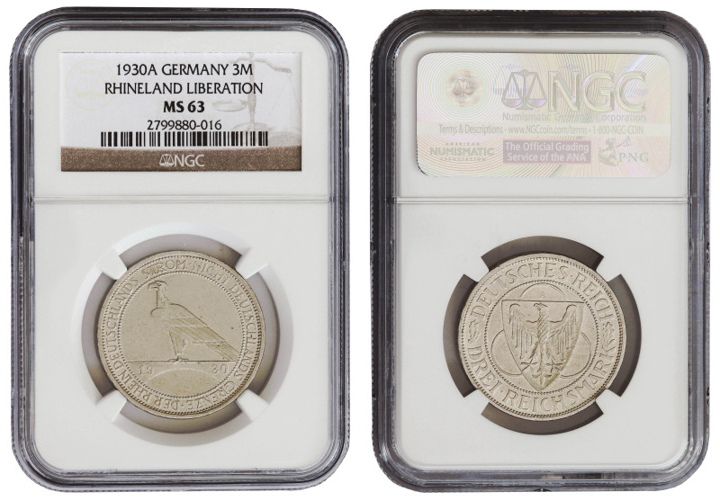 Germany, Weimar Republic, silver 3 mark 1930-A, Rhineland. NGC MS63

KM-70. Ch...