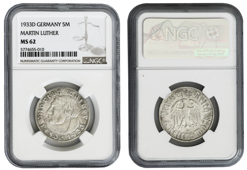 Germany, Third Reich, silver 5 mark 1933-D,Martin Luther, NGC MS62

KM-80. Pre...