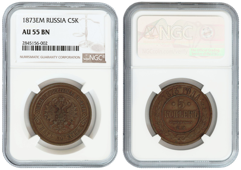 Russia, Alexander II, copper 5 kopeks 1873 NGC AU55 BN

KMY-12.1. Nice about U...