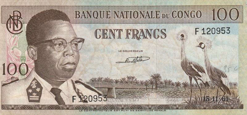 Congo Democratic Republic 100 Francs 1961

P-6a.2 AU/UNC 15.11.1961