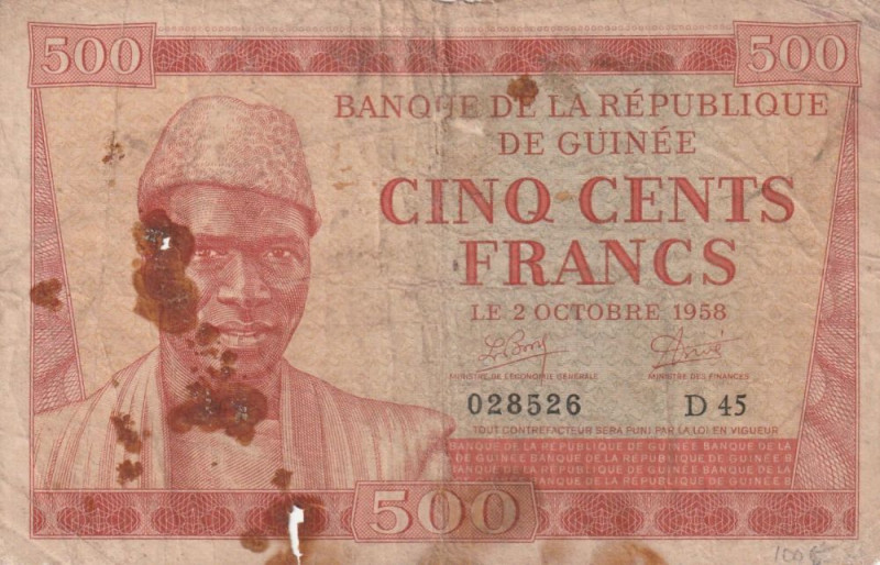 Guinea 500 Francs 1958

Pick#8 VG