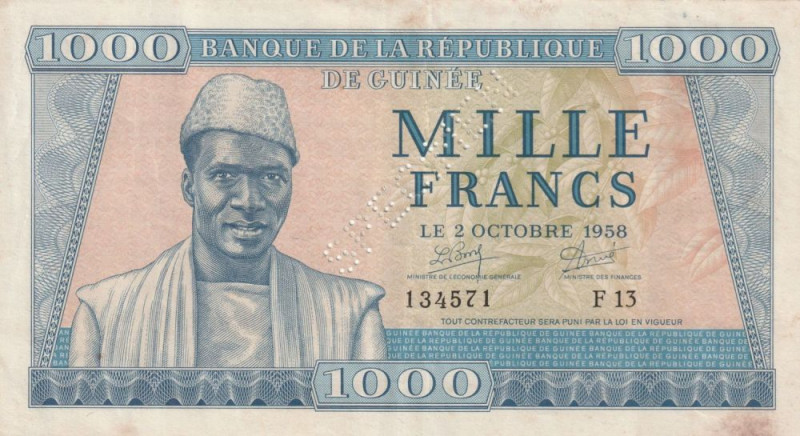 Guinea 1000 Francs 1958 Specimen

Pick#9s VF