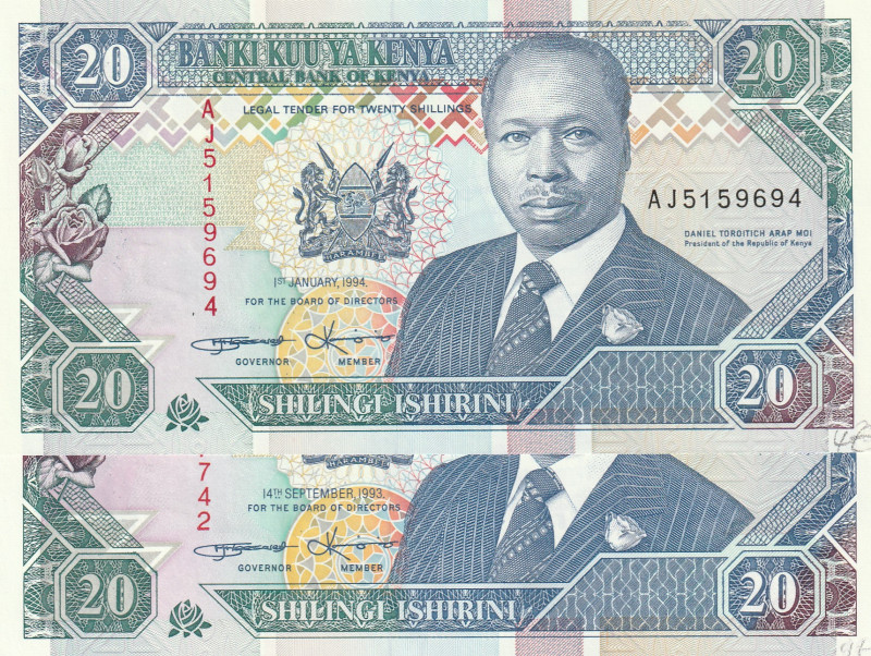 Kenya 20 Shillings 1993-94 Lot of 2 banknotes 

Pick# UNC