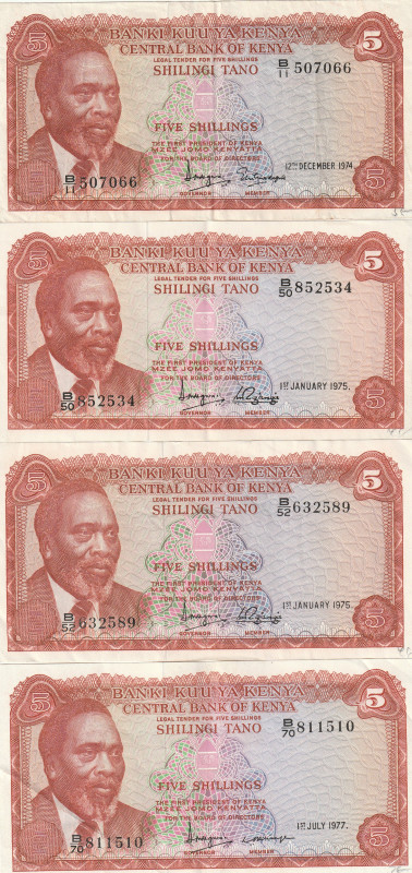 Kenya 5 Shillings 1974-77 Lot of 4 banknotes 

Pick#11a,b,c,d XF