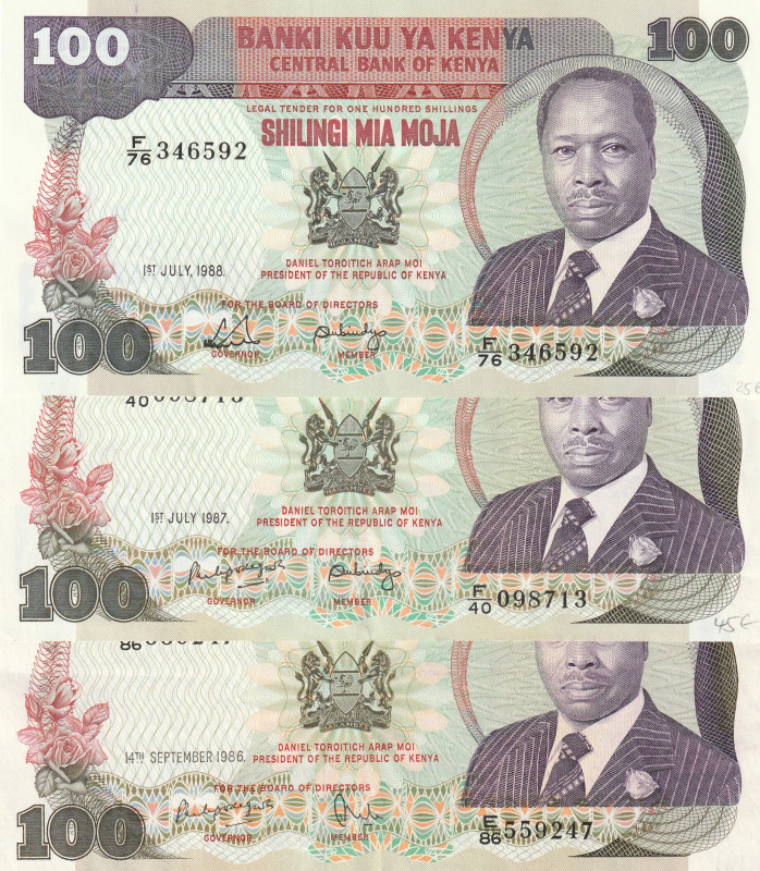 Kenya 100 Shillings 1986-88 Lot of 3 banknotes 

Pick#23d,e,f UNC