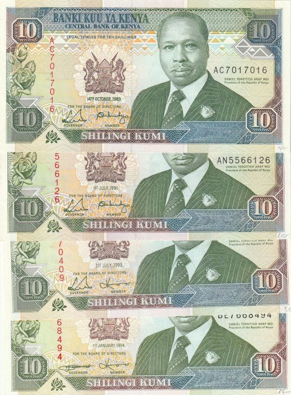 Kenya 10 Shillings 1989-94 Lot of 4 banknotes 

Pick#24a,c,e,f AU/UNC