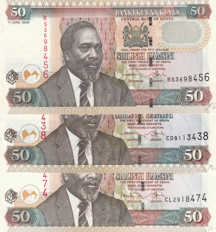 Kenya 50 Shillings 2005-08 Lot of 3 banknotes 

Pick#47a,b,c UNC