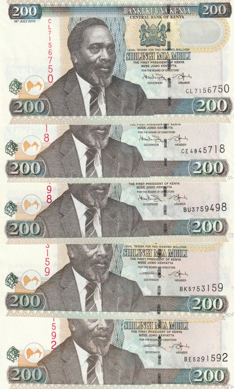 Kenya 200 Shillings 2005-10 Lot of 5 banknotes 

Pick#49a,b,c,d,e UNC