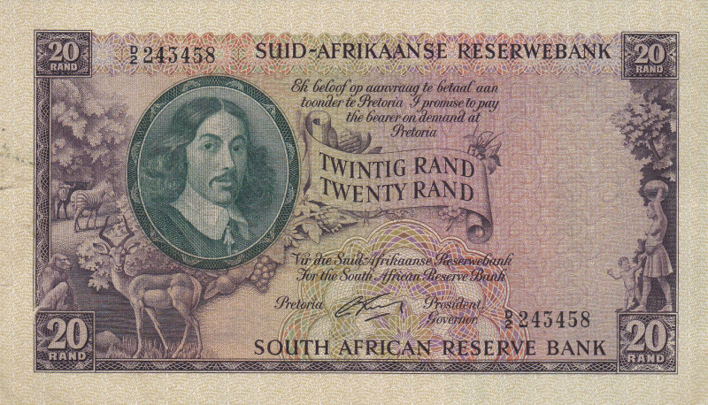 South Africa 20 Rand 1961

P-108a aUNC There is a small tear on the banknote