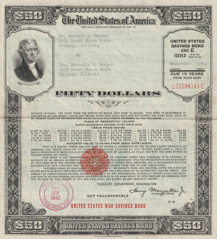USA 50 Dollars War Savings Bond 1942

XF