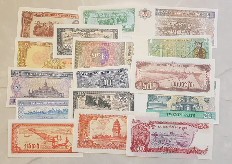 Cambodia and Myanmar Lot of 15 Banknotes

UNC