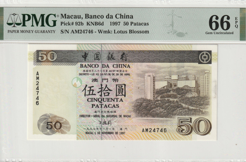 Macau 50 Patacas 1997 PMG 66 EPQ 

P-92b, N# 204218, KNB 6D, 1.11.1997, Gem UN...