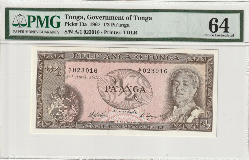 Tonga ½ Pa'anga 1967 PMG 64

P-13a, N# 314974, A/1 Prefix, 3.4.1967; Choice UN...