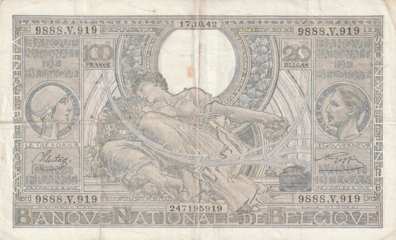 Belgium 100 Francs - 20 Belgas 1942

Pick#112 VF