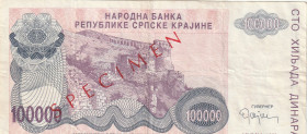 Bosnia - Herzegovina 100.000 Dinara 1993 Specimen