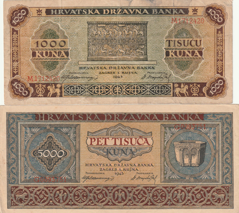 Croatia 1000, 5000 Kuna 1943 Lot of 2 Banknotes

Pick#12a,13a F/VF