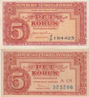 Czechoslovakia 5 Korun 1945, 1949 Lot of 2 Banknotes
