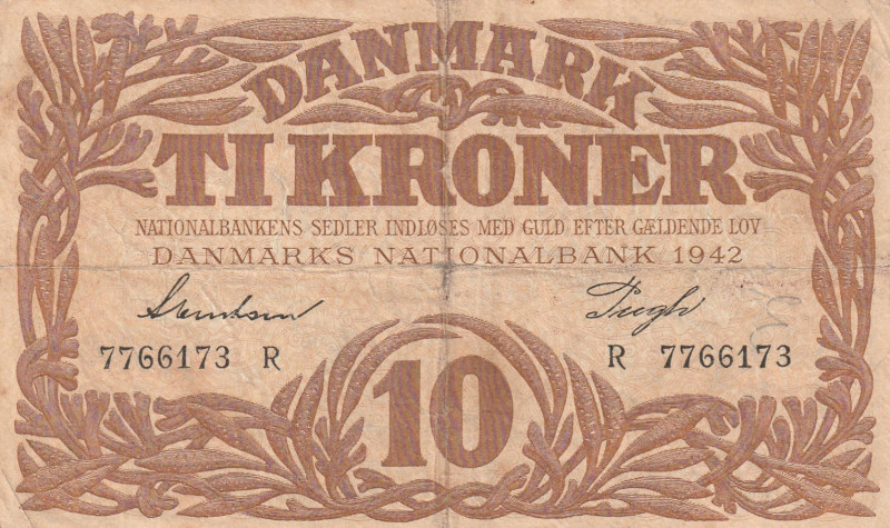 Denmark 10 Kroner 1942

Pick#31k VF