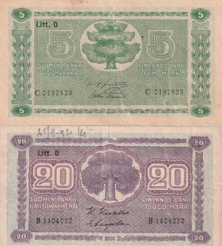 Finland 5, 20 Markkaa 1939 Lot of 2 Banknotes

Pick#69,71 VF