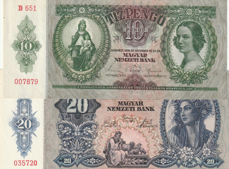 Hungary 10, 20 Pengo 1936-41 Lot of 2 Banknotes

Pick#100,109 AU