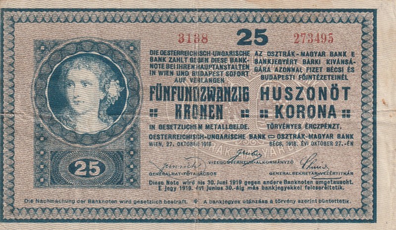 Hungary 25 Korona 1918

Pick#12 VF