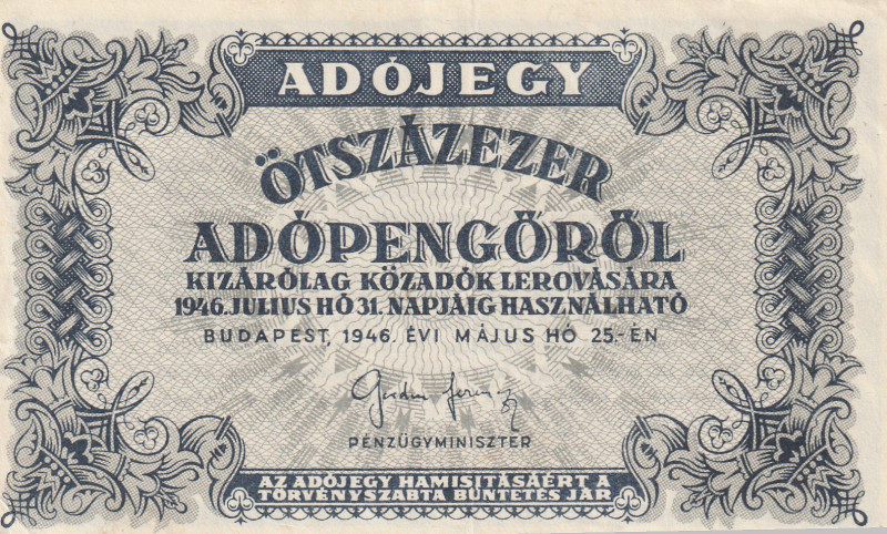 Hungary Adópengö (Tax Pengö) System - First Issue 50.000 (Ötvenezer) Adópengö 19...