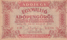 Hungary Adópengö (Tax Pengö) System - First Issue 1.000.000 (Egymillió) Adópengö 1946