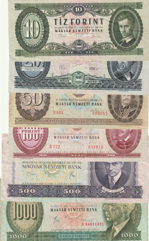 Hungary 10, 20, 50, 100, 500, 1000 Forint 1975-92 Lot of 6 Banknotes

Pick#168...