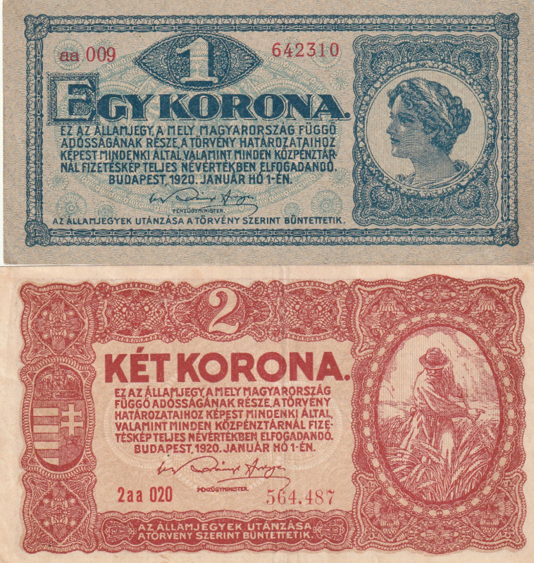 Hungary 1, 2 Korona 1920 Lot of 2 Banknotes

Pick#57,58 VF/AU