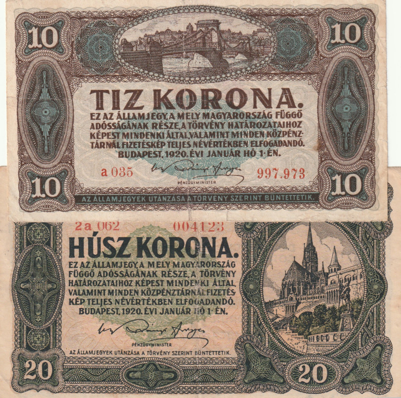 Hungary 10, 20 Korona 1920 Lot of 2 Banknotes

Pick#60,61 VF