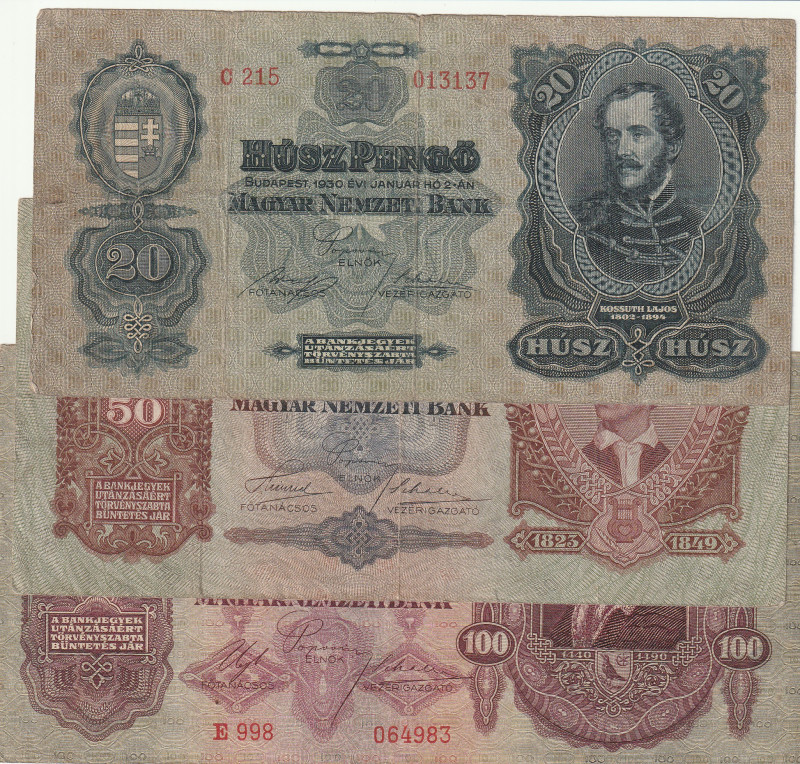 Hungary 20, 50, 100 Pengo 1930-32 Lot of 3 Banknotes

Pick#97,98,99 VF