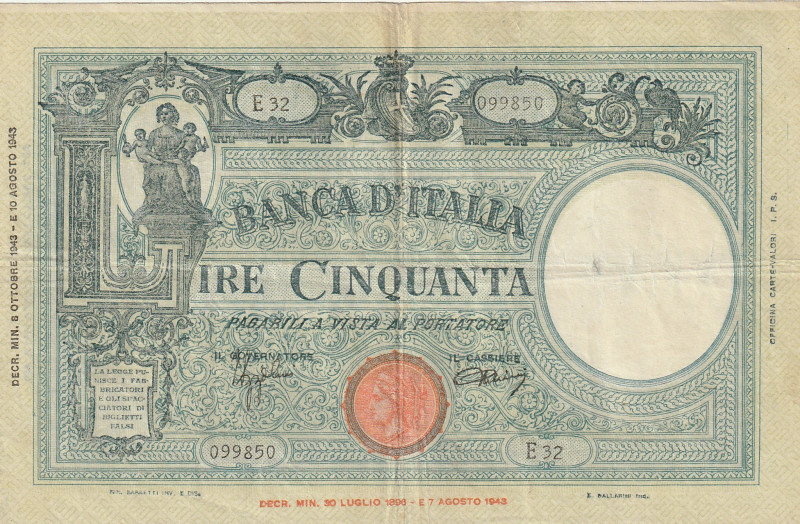 Italy 50 Lire 1943

P-65a.2, N# 330579; Signatures: Azzolini & Urbini; VF