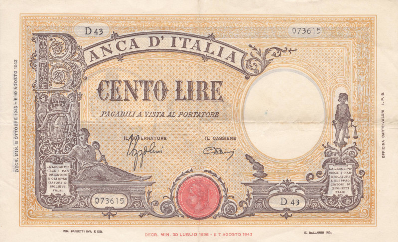 Italy 100 Lire 1943 "Grande B" Testina and Fascio seals

P-67a.1, N# 217501; 8...