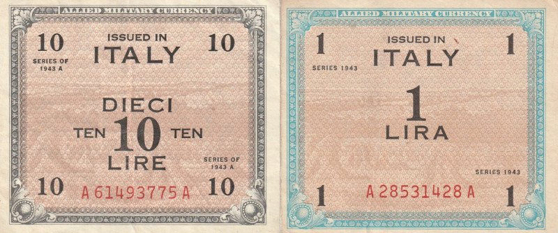 Italy Allied Military Currency WWII 1, 10 Lire 1943 Lot of 2 Banknotes

VF