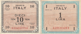 Italy Allied Military Currency WWII 1, 10 Lire 1943 Lot of 2 Banknotes