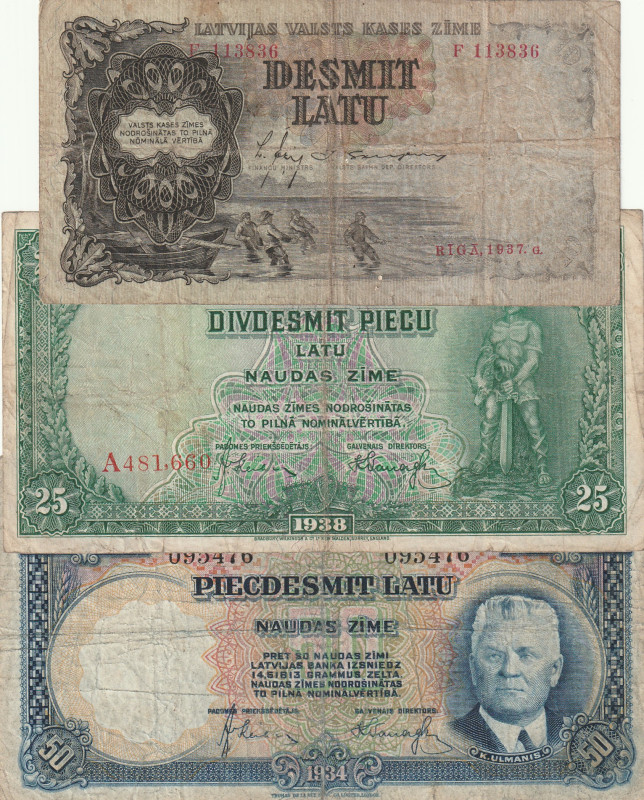 Latvia 10, 25, 50 Latu 1934-38 Lot of 3 Banknotes

Pick#20a,21a,29a F