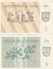 Lithuania 1, 3 Talonas 1991 Lot of 2 Banknotes