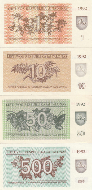 Lithuania 1, 10, 50, 500 Talonas 1992 Lot of 4 Banknotes

Pick#39,40,41,44 UNC