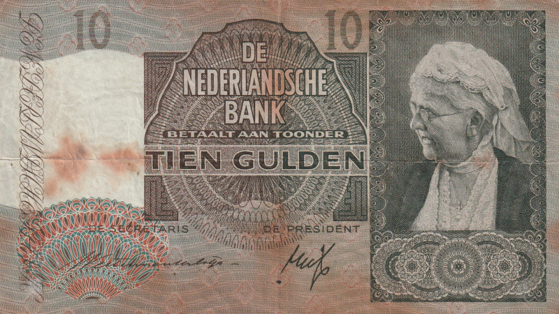 Netherlands 10 Gulden 1940

Pick#53 VF