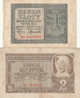 Poland 1, 2 Zlotych 1941 Lot of 2 Banknotes